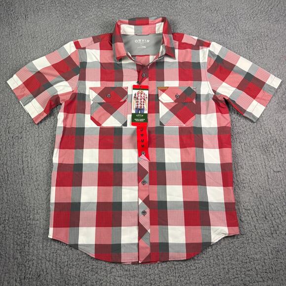 Orvis Shirt Mens M Red Grid Plaid Short Sleeve Tech UPF 20+ Quick Dry Fishing - Picture 2 of 11